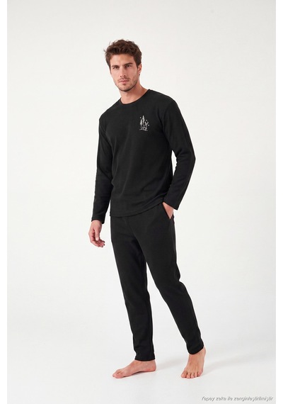Buratti Yumuşak Dokulu Minimal Nakışlı Uzun Kollu Pijama Takımı Erkek Pijama Takımı 6575009 Siyah