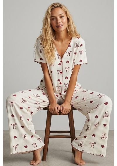 Siyah İnci Yumuşak Tuşe Yazlık Fitilli Pamuklu Örme Pijama Takım 7994 Bordo Fiyonk