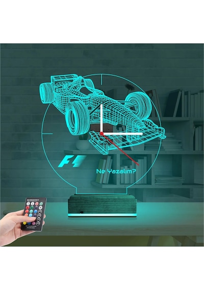 Luvivia Formula F1 Yarış Arabası Kişiye Özel Saatli 3d Lamba - Masa Gece Lambası Şeffaf