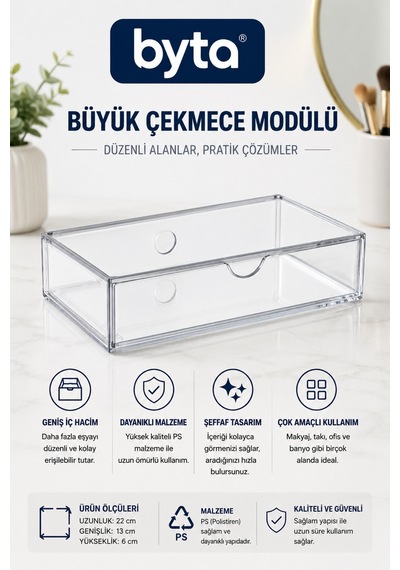Şeffaf Büyük Çekmece Organizer Makyaj, Takı, Aksesuar Ve Ofis İçin Çok Amaçlı Düzenleyici Kutu Şeffaf