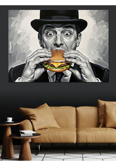 Ahşap Tablo Hamburger Yiyen Karizmatik Modern Adam