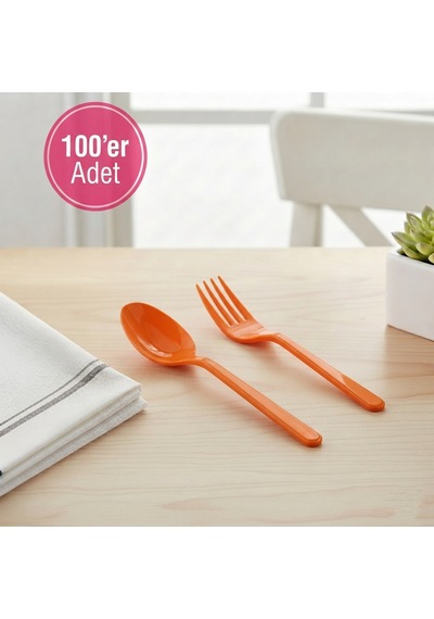 100 'er Adet Turuncu Plastik Lüx Çatal Ve Kaşık Seti