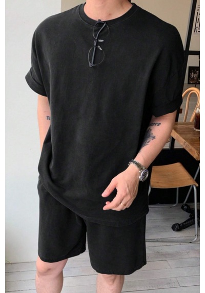 Tarz Cool Erkek Oversize T-shirt Şort Takım Rahat Yazlık Kombin Siyah