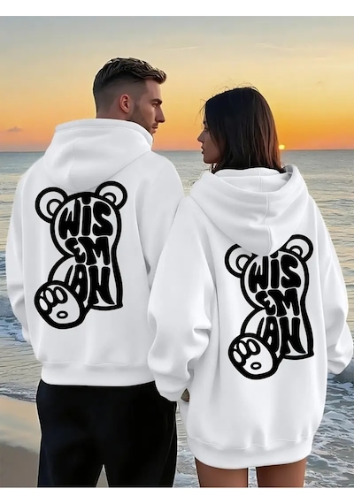 Nevermind Wisem Bear Baskılı Hoodie Trend Sevgili Kombini Oversize 3 İpli Beyaz