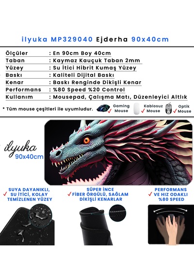 90x40cm Ejderha Xxl Büyük Boy İlyuka Gaming Oyuncu Mousepad