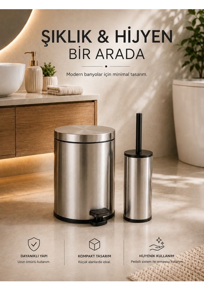 Pedallı 3 Lt Paslanmaz Metal Çöp Kovası ve Tuvalet Fırçası, 2’li Banyo ve WC Seti – Krom
