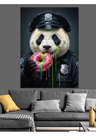 Polis Panda Ve Donut Keyfi Dekoratif Kanvas - Mdf Ahşap Tablo