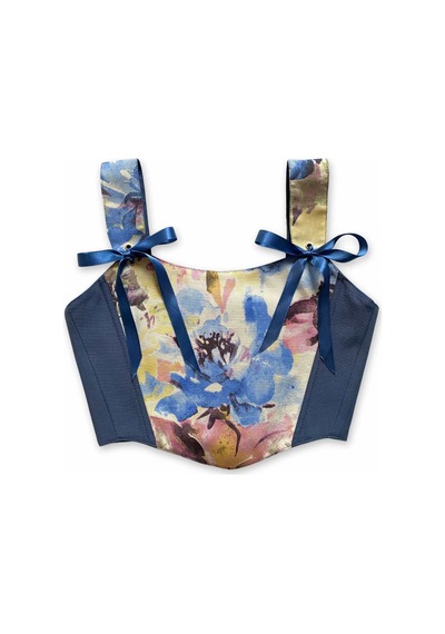 L'aura Corset Mavi Çiçek Desenli Çift Taraflı Bayan Korse