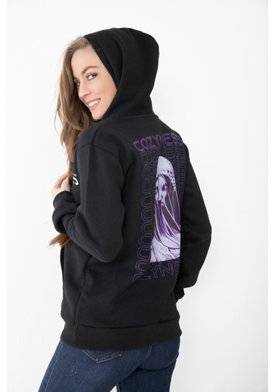 Unisex Siyah Renk Baskılı Kapşonlu Sweatshirt Siyah
