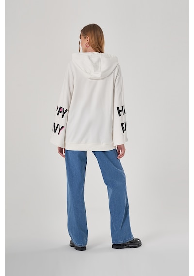 Mizalle Kolları Baskılı Ekru Sweatshirt Ekru