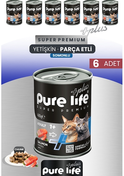 Purelife Plus 6'lı Somonlu Yetişkin Konserve Chunk Parça Etli Yaş Mama 400 G