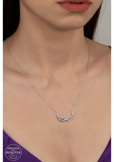 Union Swarovski Zirconia Kadın Kanatlı Kalp Gümüş Kolye (549864202)-Gümüş