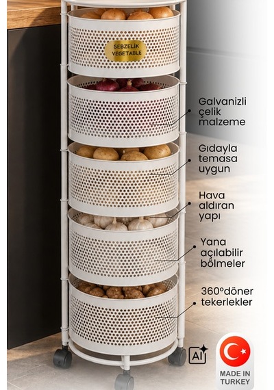 River World Tekerlekli Rengi Beyaz Açılabilen 5 Katlı Çok Amaçlı Metal Raf Mutfak, Balkon, Kiler Çok Renkli