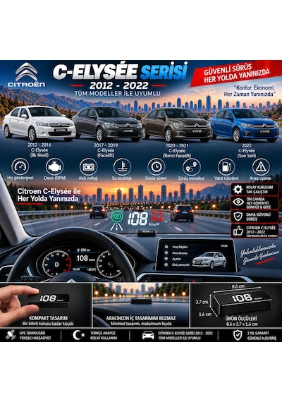 Citroën C-elysée 2012-2022 Modeller İçin Head Up Display Hayalet Gösterge Ekranı Ön Cam Hız Göstergesi Elysee