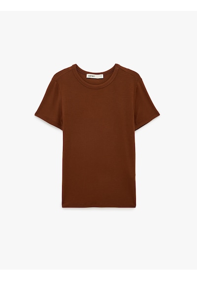 Koton Viskon Kumaş Ribanalı Slim Fit Kısa Kollu Bisiklet Yaka Basic Tişört Kahverengi 7wak50010ek Kahve