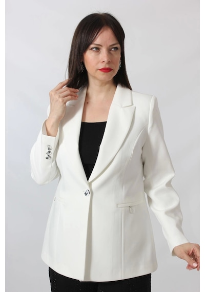 Moda Berray 1904 Beyaz Fermuarlı Cep Aksesuarlı Kadın Büyük Beden Blazer Ceket Beyaz