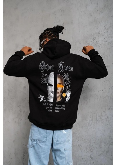Tarzyeri Erkek Kapşonlu Sweatshirt Oversize Üç İplik Pamuklu- Siyah Siyah