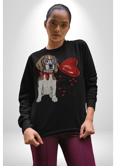 Poodle Ve Beagle Sevililer Günü Hediyesi Unisex Siyah Baskılı Sweatshirt Siyah
