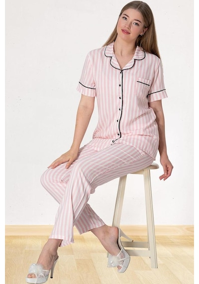 Mecit Pijama Mecit 5150 Kadın Pembe Çizgili Boydan Düğmeli Pijama Takımı 001