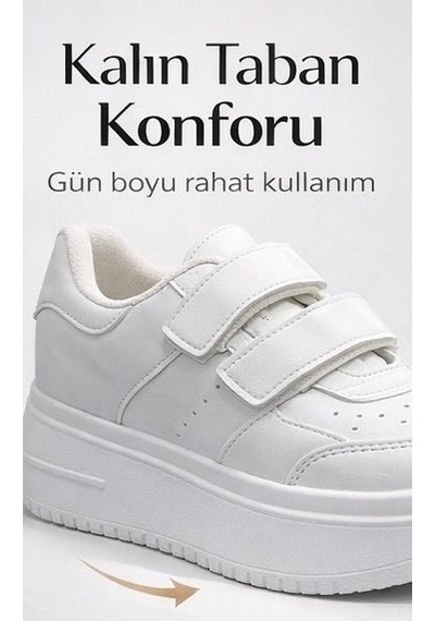 Papucumun Dünyası Aır Kalın Yüksek Taban Cırt Bantlı Kadın Sneaker Beyaz