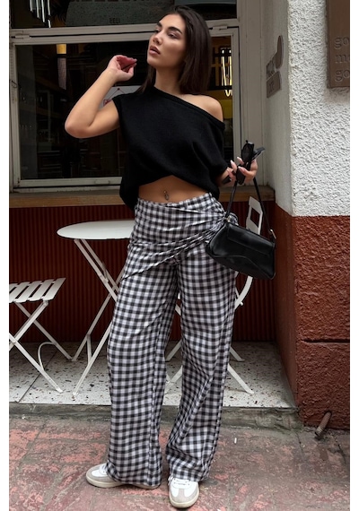 Madmext Siyah Fularlı Ekose Pantolon Mg2734