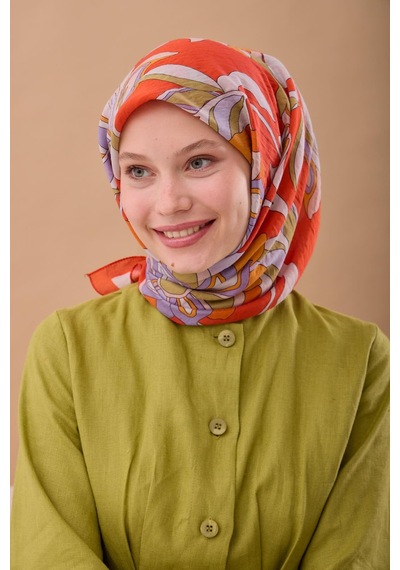 Silk Home Olinda İpek Eşarp 47003-17 Parlak Turuncu, Lila, Yağ Yeşili, Mor, Krem