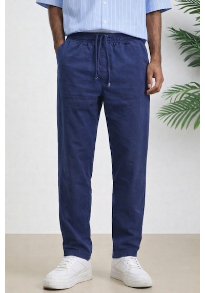 Tarz Cool Erkek Yazlık Keten Karışımı Relaxed Pantolon Lacivert