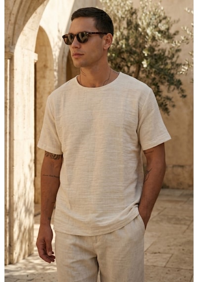 Combattente Exclusive Products Kısa Kol Oversize Müslin Erkek Tshirt - 2026 Erkek Tişört Kreasyonu Ekru
