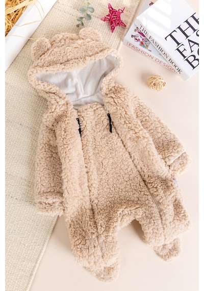 Babymod Kapüşonlu Ayıcık Fiğürlü Welsoft Peluş Kışlık Kız/erkek Bebek Tulum Bej