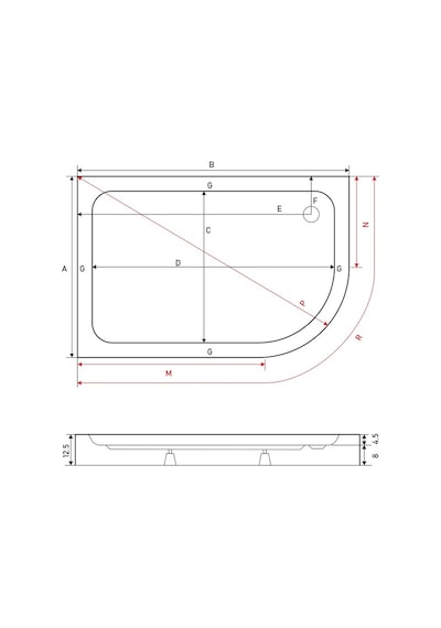 Shower 90X120 Oval Asimetrik Monoblok Duş Teknesi