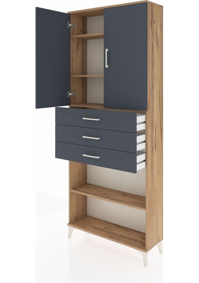 Arges Dolap 4 Raflı 3 Çekmeceli 2 Kapaklı 88x30x221 Çam-antrasit Atlas Çam