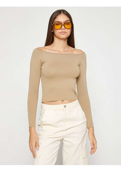Koton Crop Triko Kazak Kayık Yaka Uzun Kollu Bej 3sal90009ht 3SAL90009HT057 Ekru