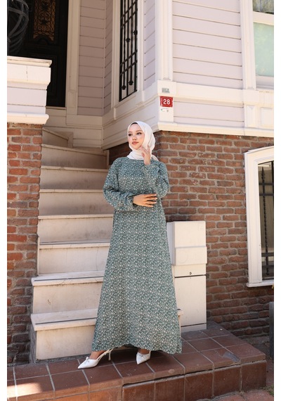 Nevayla Moda Çiçek Desenli Viskon Elbise - Yeşil / E0128 Yeşil