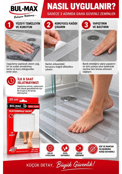 Şeffaf Kaydırmaz Bant 10 Adet 19 Mm X 20 Cm Kendinden Yapışkanlı Suya Dayanıklı Banyo Duş Küvet Band