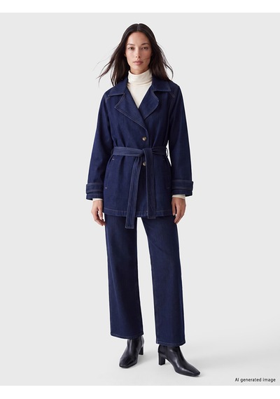 Lcw Everyday İndigo Gömlek Yaka Beli Kuşaklı Kadın Jean Ceket