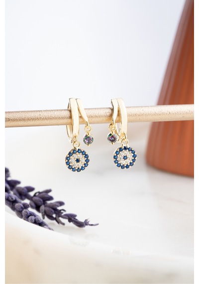Nereze 925 Ayar Gümüş Gold Mistik Topaz Taşlı 12 Mm Nazar Küpe