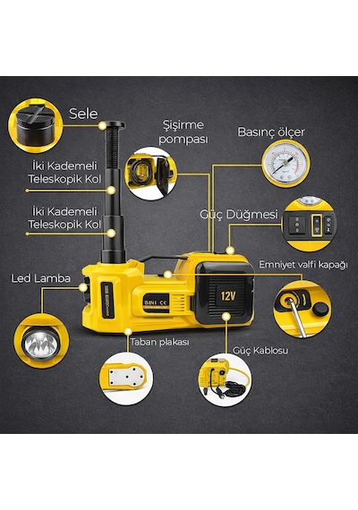 Auhma 5 Ton Kaldırma Kapasiteli 4 İn 1 Taşınabilir Kriko Bijon Anahtarı Hava Pompası Ve Led Işıklı Tamir Kiti