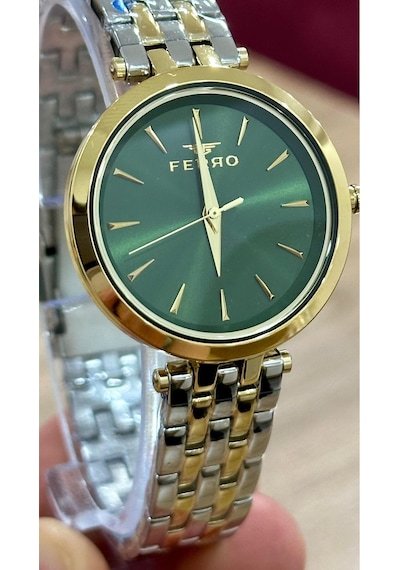 Ferro Fl21331a-d6 Quartz Çelik Altın/gri Yeşil Kadran 34 Mm Kadın Kol Saati 56266316
