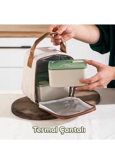 Porsima Bl25229 Isı Yalıtımlı Çanta Paslanmaz Çelik 2 Parça Vakumlu Yemek Termosu Beslenme Kutusu Taşınabilir Lunch Box Sefer Tası Krem