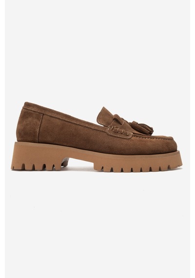 Luvi Shoes Poen Toprak Süet Hakiki Deri Püsküllü Kadın Loafer Ayakkabı