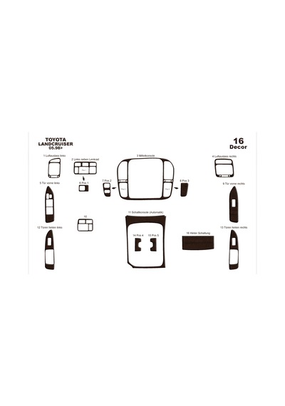 Toyota Land Cruiser Torpido Kaplama 1998-2003 16 Parça Koyu Meşe
