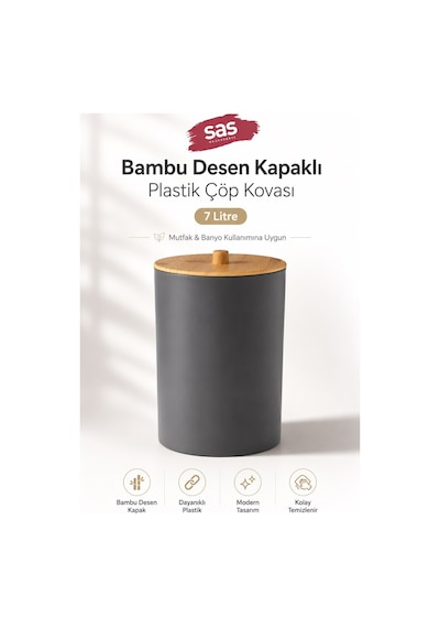Sas Haus Bambu Desen Kapaklı Plastik Çöp Kovası 7 Litre Antrasit Mutfak Banyo Çöp Kovası Antrasit Gri