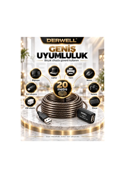 Yeni 2026 20 Metre Usb 2.0 Aktif Uzatma Kablosu Dahili Güçlendirilmiş Sinyal Çipli Kopma Donma Yapmaz Tak Çalıştır Erkek Dişi Yüksek Hızlı Kararlı Veri Aktarım Kablosu Gold Seri Premium