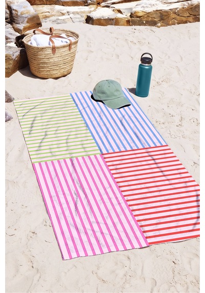 Çizgili Renk Bloklu Modern Plaj Havlusu - Pastel Minimalist Yazlık Hızlı Kuruyan Mikrofiber Havlu Bulut Şakayık