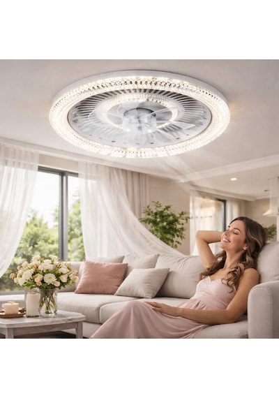 Kristal Ledli Tavan Vantilatörü Kumandalı Sessiz Dimlenebilir 8 Pervaneli 6 Kademeli Zaman Ayarlı