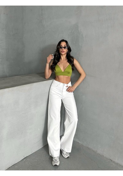 Kene Jeans Kadın Beyaz Yüksek Bel Paça Kesik Bol Paça Jeans Pantolon Beyaz