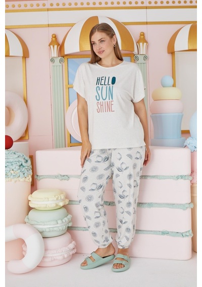 Sevim Kadın Büyük Beden Kısa Kol Bej Melanj Pijama Takım C4t7n651 001