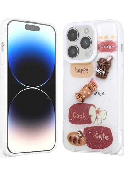 Apple Uyumlu iPhone 14 Pro Kılıf Parlayan Simli Kabartma Figürlü Zore Cevze Kapak Beyaz