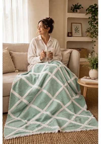 Premium Geometrik Kare Desenli %100 Pamuk Müslin Çift Taraflı Yatak Örtüsü Pike 220x240 Çift Kişilik Mint Yeşili