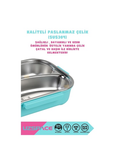 Bento 1100ml Lunchbox Tek Katlı 3 Bölmeli Kaseli Çelik Sefer Tası Yemek Kutusu Turkuaz-pembe Çok Renkli
